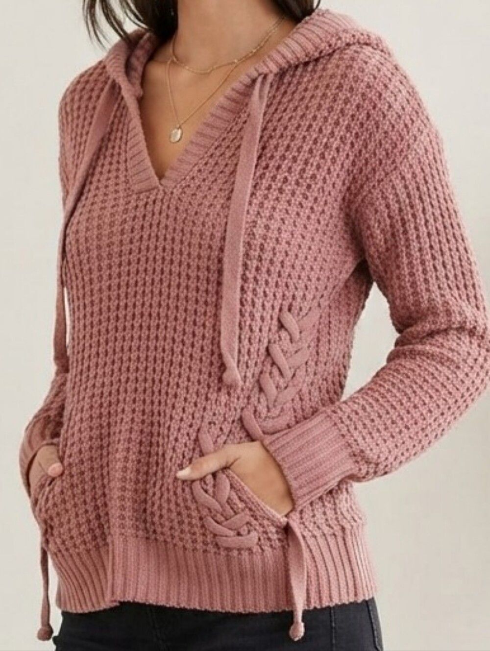 Waffle Knit Hoodie Dusty Rose Chunky Sweater Cozy Grandpacore Fall Layering XS